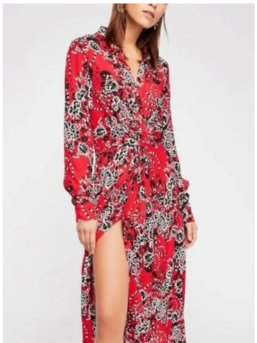 Red and Black Floral-print Free People Tough Love Shirtdress size 2